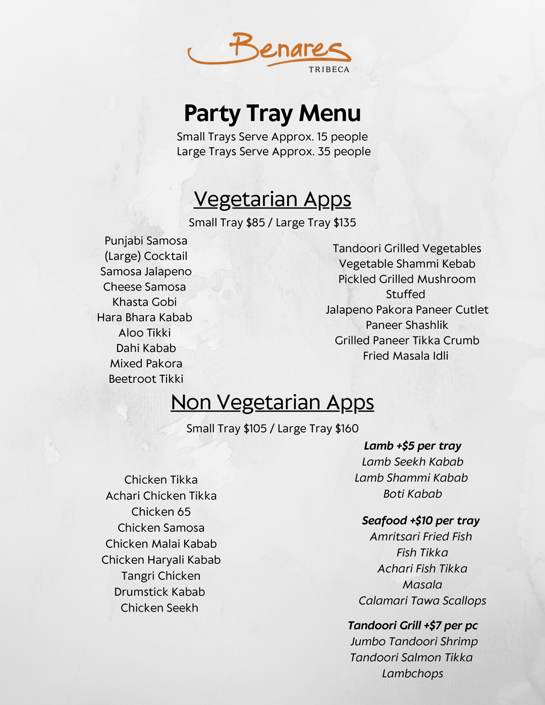 Benares Indian Restaurant- Party Tray Menu