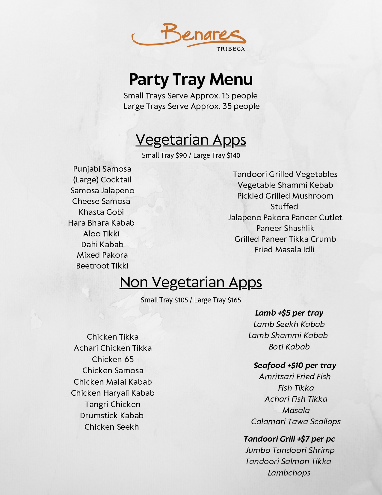 Benares Indian Restaurant- Party Tray Menu